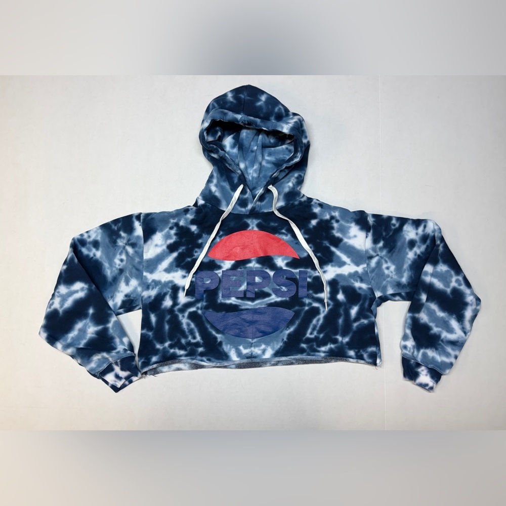 Pepsi Blue White Tie Dye Women’s Medium Cropped Hoodie Sweatshirt